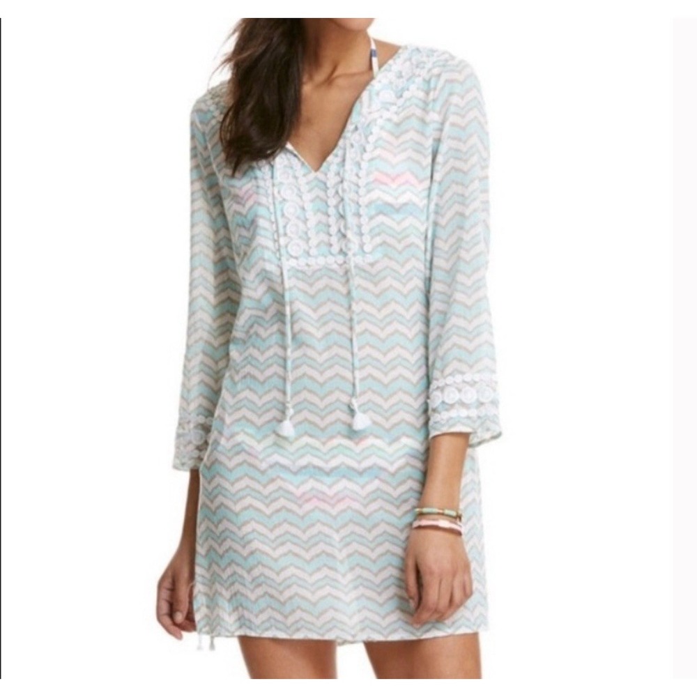 Vineyard Vines Chevron‎ Embroidered Tunic Cover-Up Dress Sz M Cotton Beach